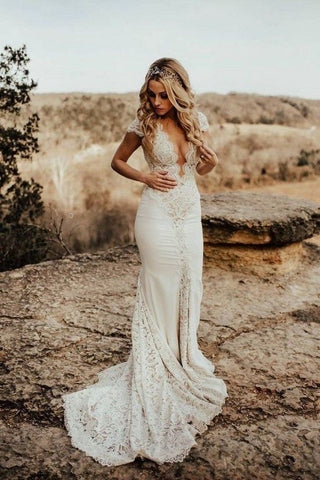 Plunging Neck Lace Bridal Gown with Cap Sleeves – loveangeldress