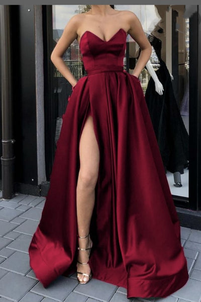 plunging-sweetheart-burgundy-prom-gowns-with-high-thigh-slit