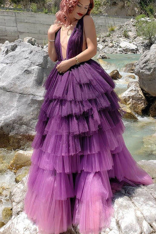 Purple Tiered Tulle Skirt Prom Dresses Deep V neckline loveangeldress