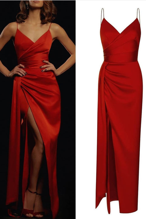 Red Floor-Length Evening Gown with Spaghetti Straps