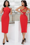 Red Tight Fitting Prom Gown with X Back