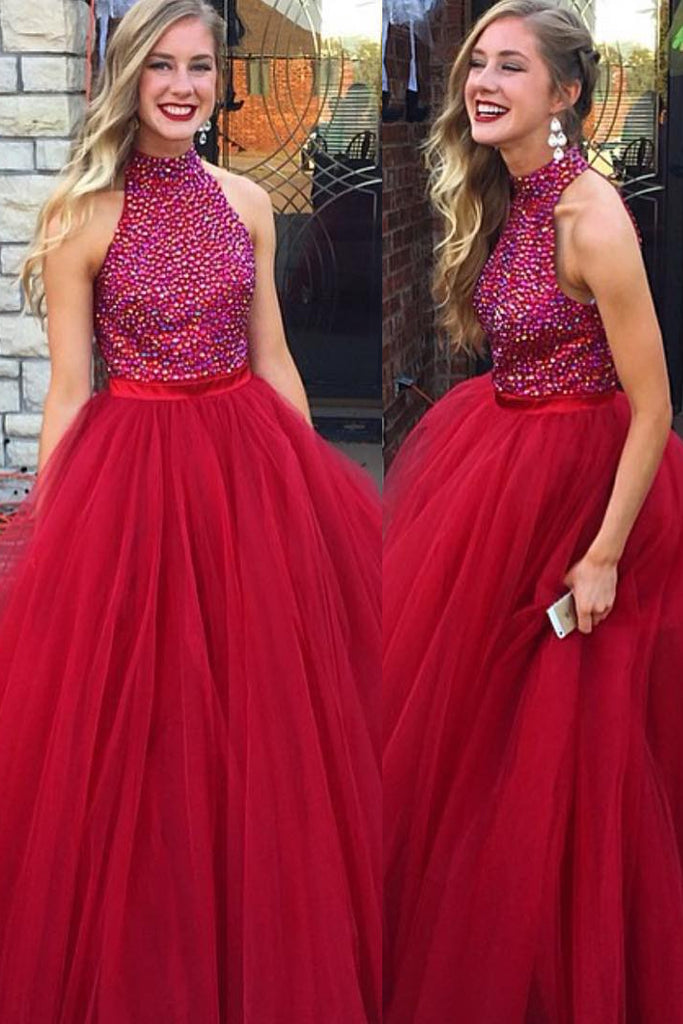 Rhinestones Bodice Sleeveless Red Formal Prom Gown with Tulle Skirt –  loveangeldress