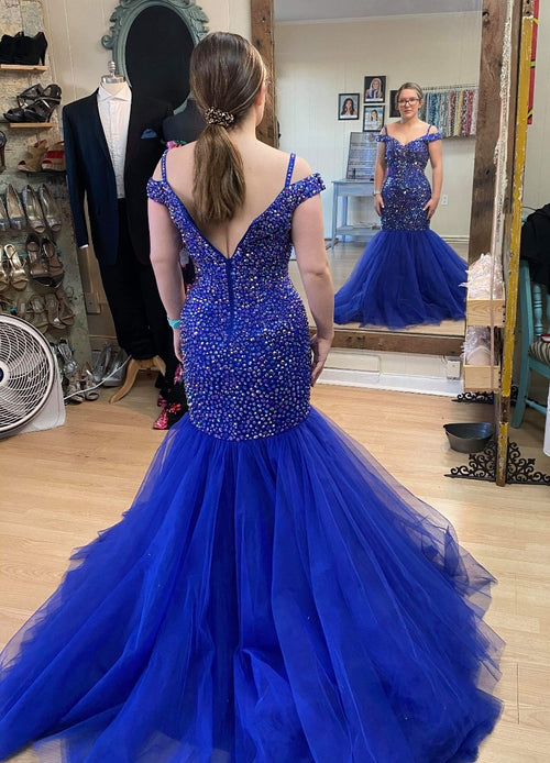 Blue Chiffon Lace Prom Dress with Ribbon Sleeves – loveangeldress