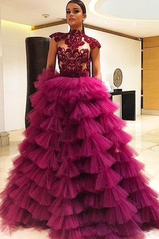 loveangeldress Purple Tiered Tulle Skirt Prom Dresses Deep V-Neckline Custom Made(Leave Note About Custom Measurements) / Burgundy