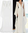 Ribbon Sleeves Chiffon White Prom Dress with Plunging V-neckline