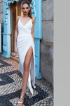 ruched-v-neckline-white-prom-gown-side-slit-vestidos-de-fiesta