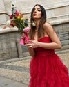 Ruching Strapless Red Prom Dress with Ruffled Skirt