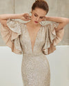 Ruffles Sleeves Sequin Prom Dresses with Plunging V-neckline