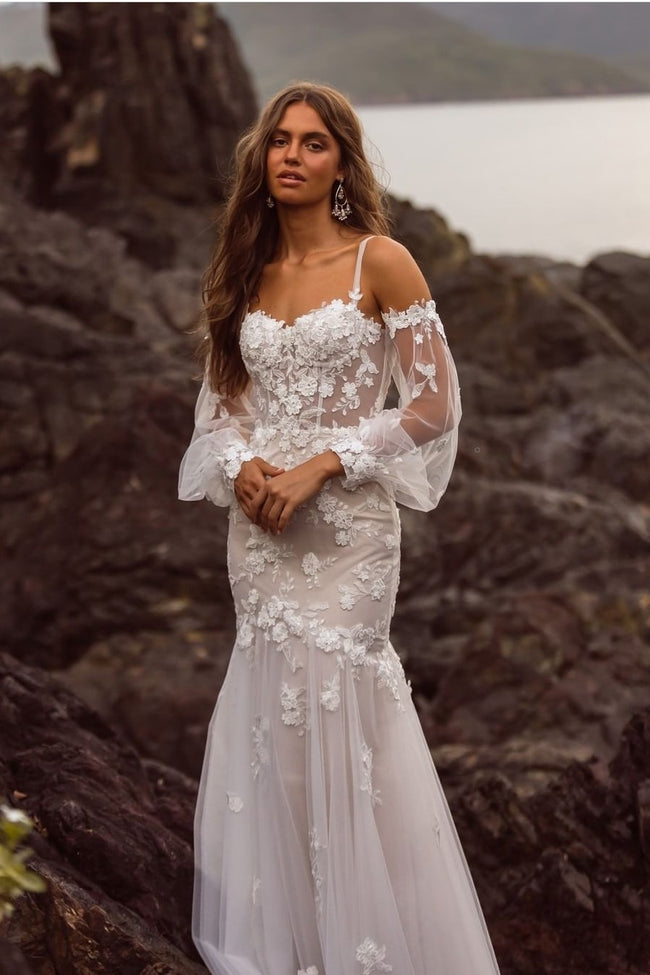 loveangeldress Luxury Rhinestones Wedding Dress with Illusion Long Sleeves US16 / Ivory