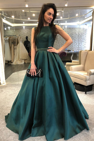 Sleeveless Dark Green Formal Evening Gown with Beaded Belt loveangeldress