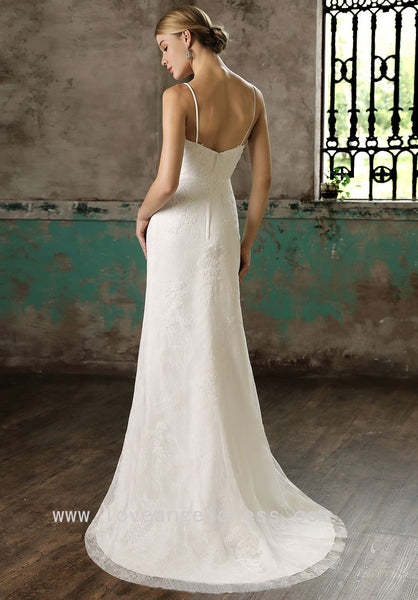 Spaghetti Straps Column Bride Lace Wedding Gown with Detachable