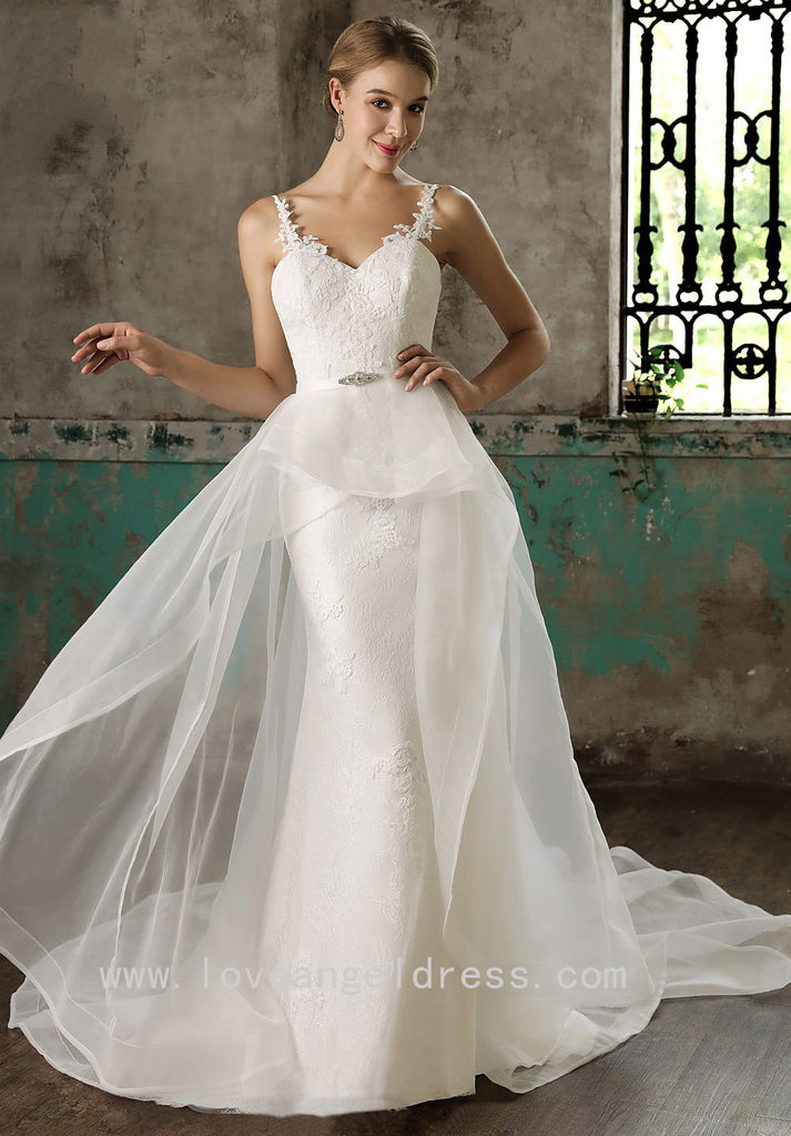 Spaghetti Straps Column Bride Lace Wedding Gown with Detachable Skirt –  loveangeldress