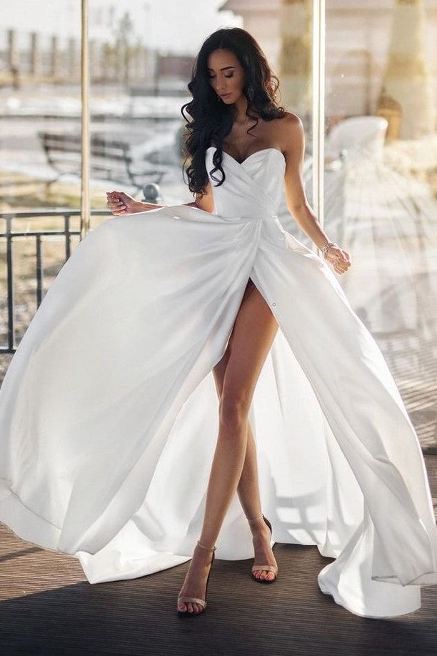 A-Line Sweetheart Satin Wedding Dresses With Side Slit White Ivory Bridal  Gowns