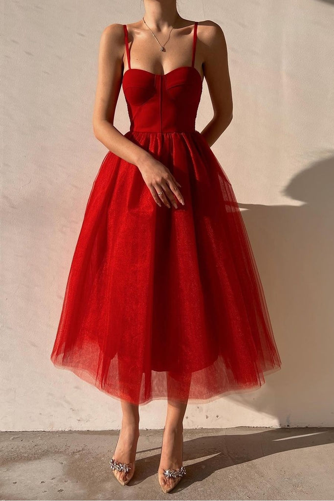 Matilda Red A-Line Strapless Ruffled Tulle Prom Dress