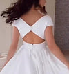 V-neck Capped Sleeves Wedding Gown with Flying Satin Skirt