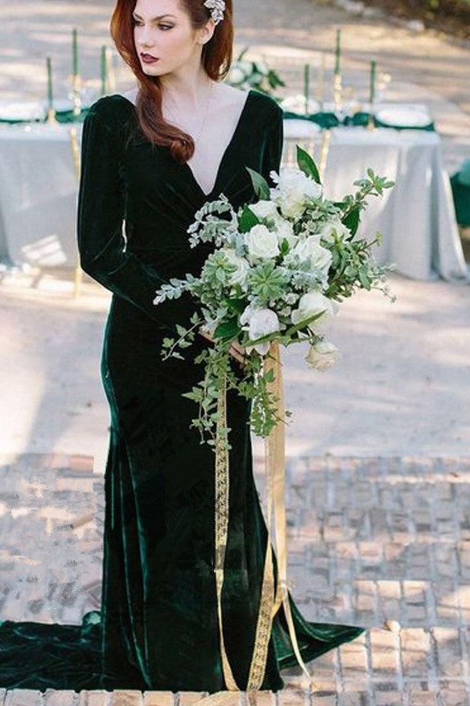 Velvet V-neck Long Sleeves Wrap Long Sheath Dress Modern Long Velvet Dress  Dark Green Velvet Dress -  Israel
