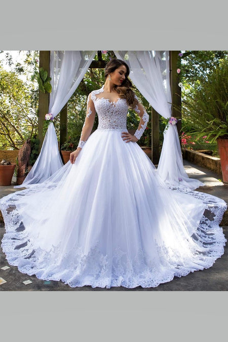 Long Sleeves Lace Wedding Dress Ball Gown Off-the-shoulder