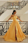 Yellow Satin Prom Dress with Asymmetrical Strapless Neckline